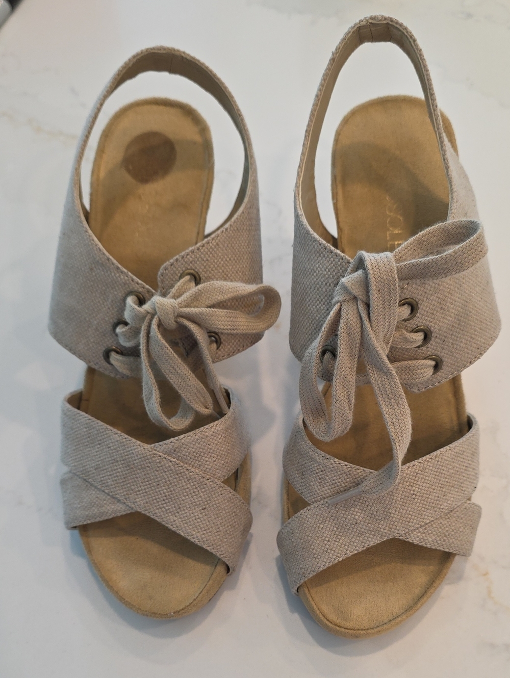 Aerosoles Neutral Beige Linen Lace-Up Wedge Sandals, With Braided Jute Design.